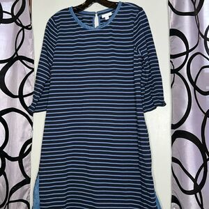 J.Jill Womens Blue Stripe Tencel Collar Hem 3/4 Sleeve Dress Size Medium